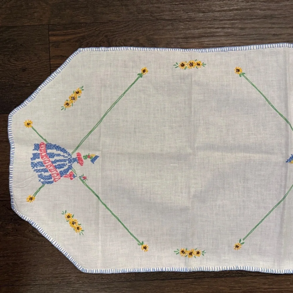 Vintage 17X34 Embroidered Table Runner Crinoline Lady Sunflower White Linen Blue
